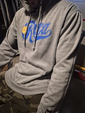 RVCA Gray Hoodie with Blue Script and Yellow Accent